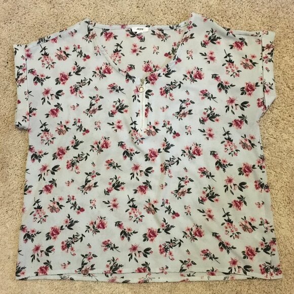 Grey Ditzy Floral Boxy Rolled Cuff Zipper Collar Crepey Top - Picture 12 of 15